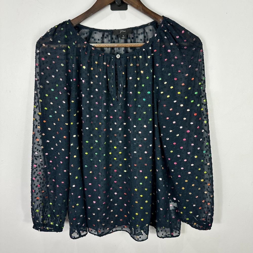 J. Crew Sheer Mesh Polka Dot Top Womens Small Black Flowy‎ Whimsical Layering